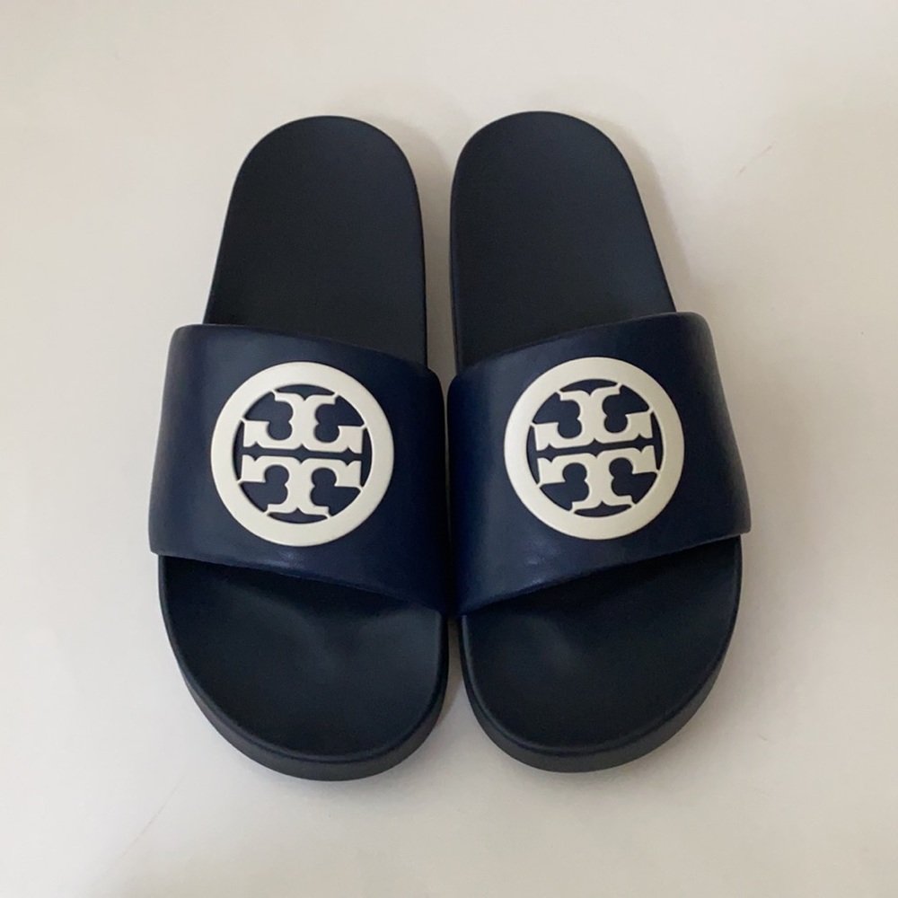 NIB Tory Burch LOGO Lina Leather Slide Royal Navy - Picture 3 of 11